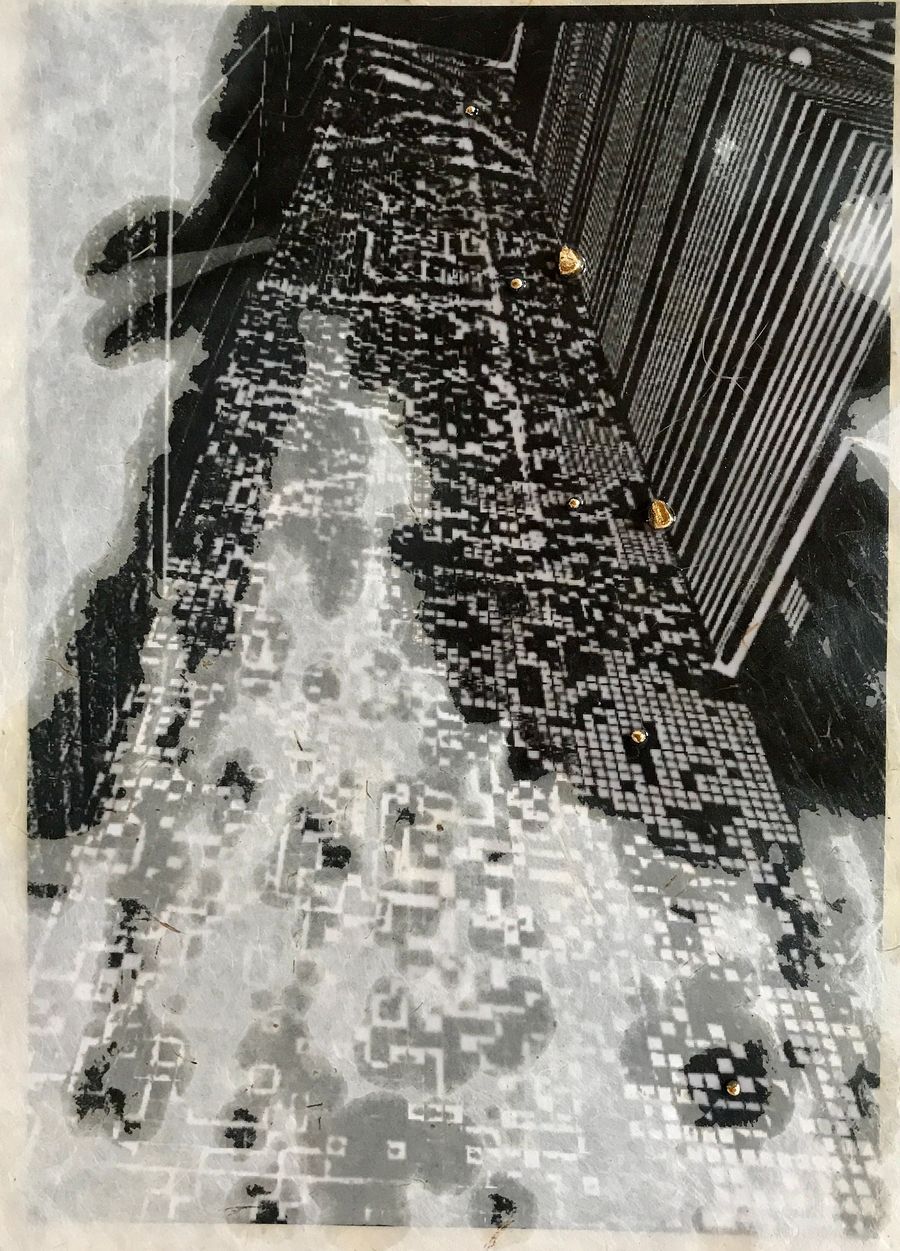 rise of consciousness, gold plated lentils and corn seed on multi-layered collage