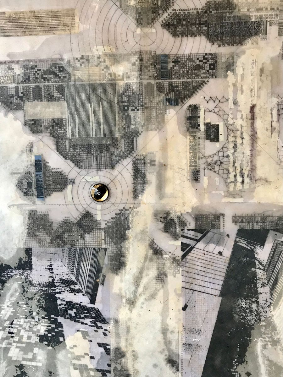 rise of consciousness, bean on gold on multi-layered collage