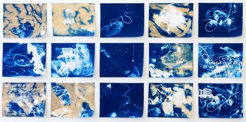 see the bling man shooting at the world, cyanotypes on fabric