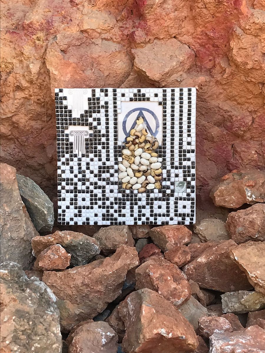 ascension, mosaic with germinating beans on wood